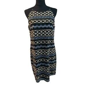 White House Black Market Womens Dress Size 10 Black Blue Embroidery Sleeveless